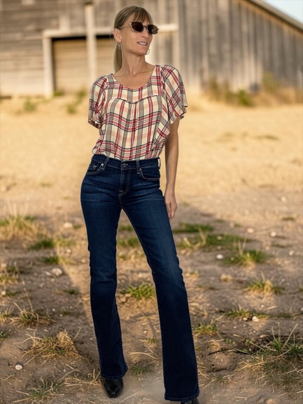 Anthropologie Maeve Priscilla Plaid Blouse M Red Motif Flutter Sleeve